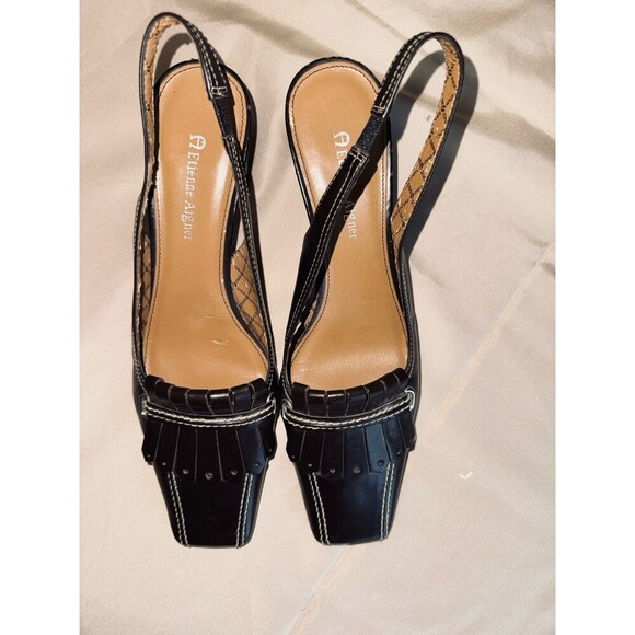 Etienne Aigner Eberhart Leather Slingback Square Toe Heels Size 7.5 - Picture 1 of 8
